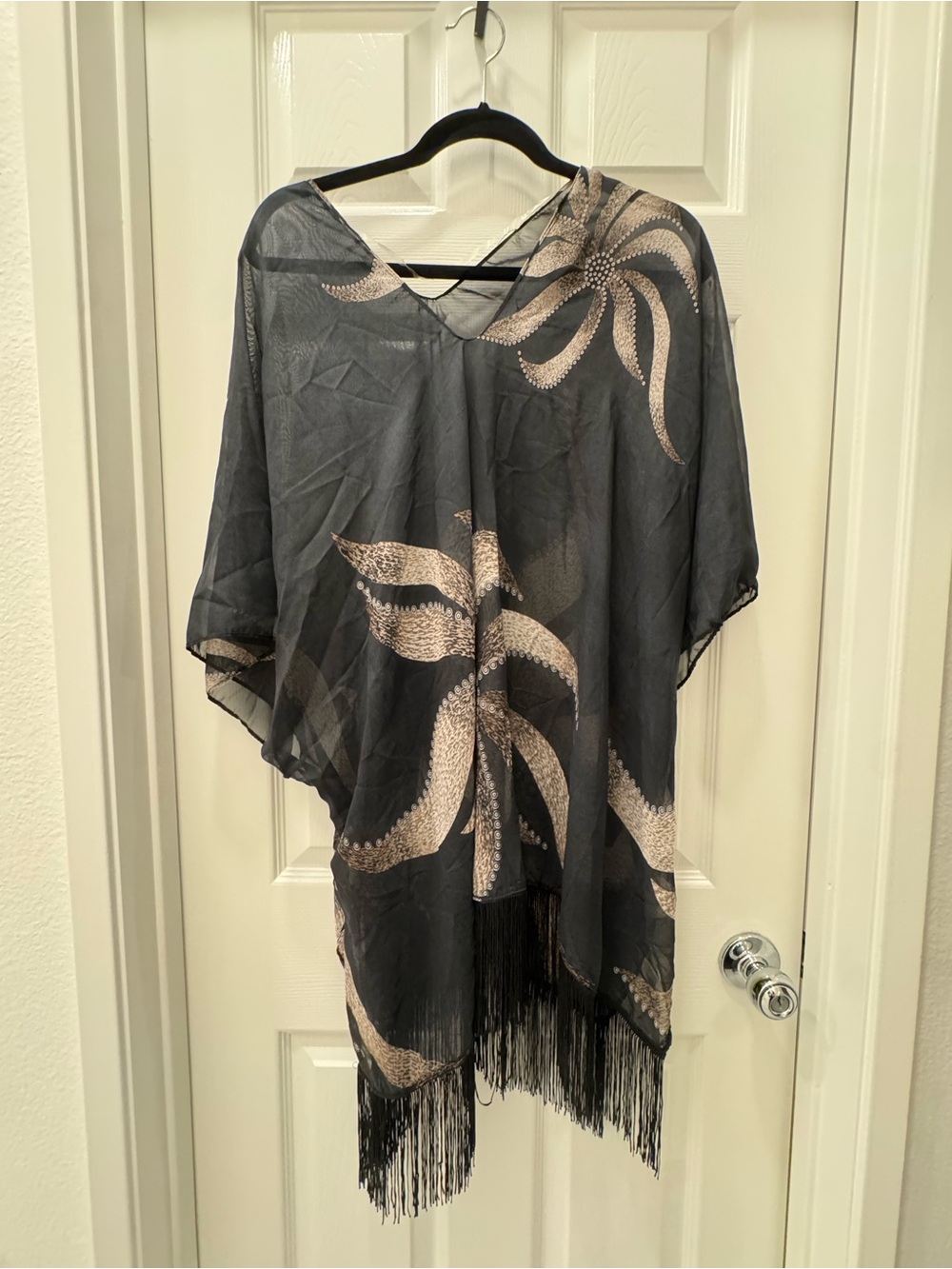 Black Floral Fringe Poncho Coverup - Women Accessories